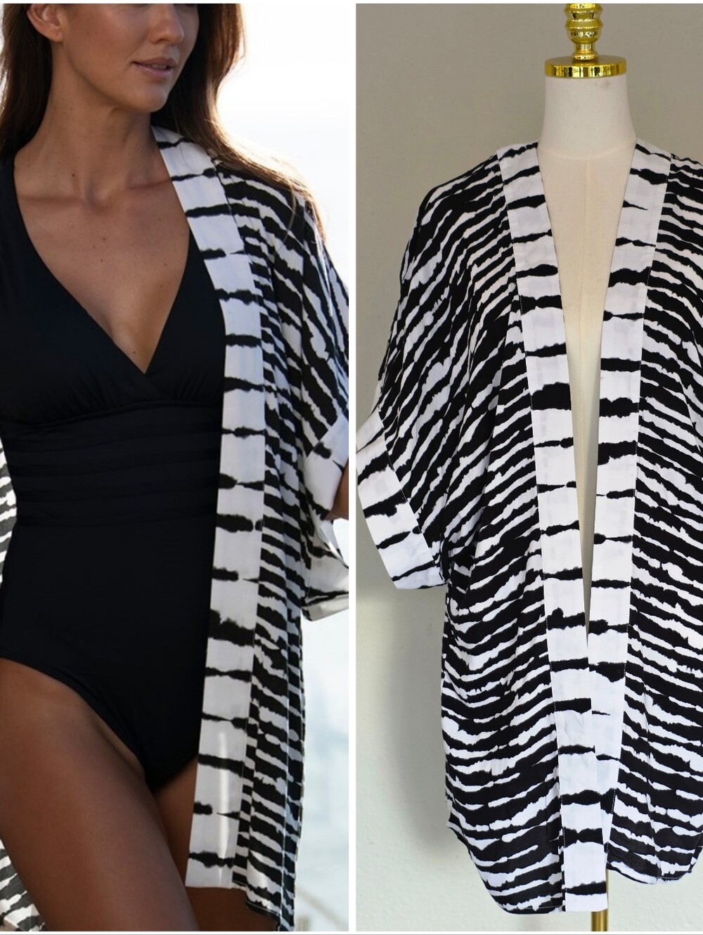 La Blanca Zebra Stripe Kimono Swim Cover Up Black White Resortwear OS